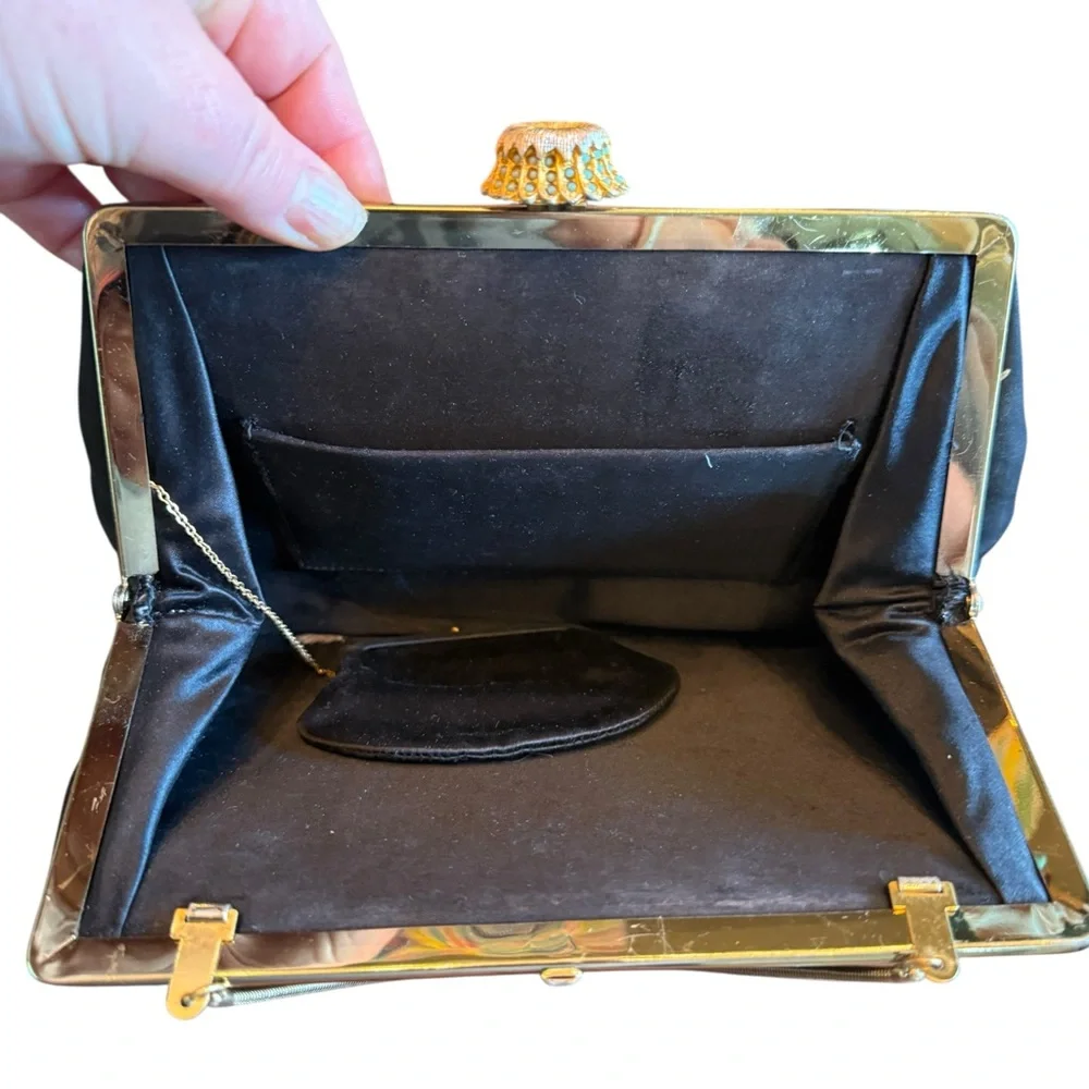 Vintage 1950s Black Satin Evening Purse with Ornate Gold Enamel Frame - Picture 6 of 8